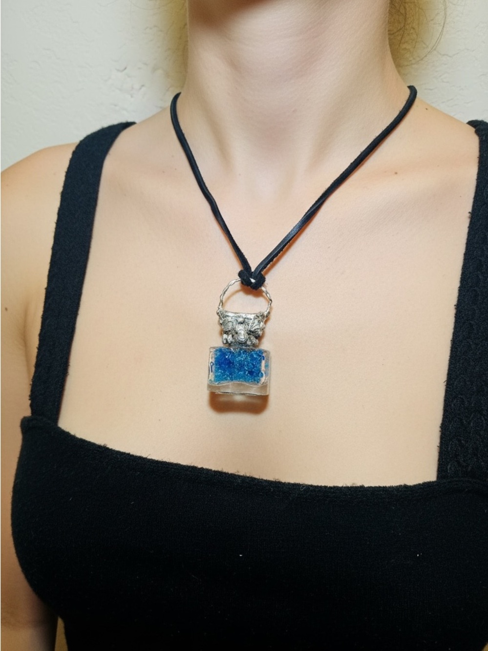 Repurposed VINTG Perfume Glass Bottle Pendant Necklace w Rustic Silver Metalwork - Picture 15 of 15